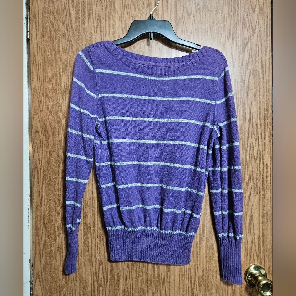 Sonoma Lightweight Knit Sweater Striped Purple / Silver Pullover Size Large!